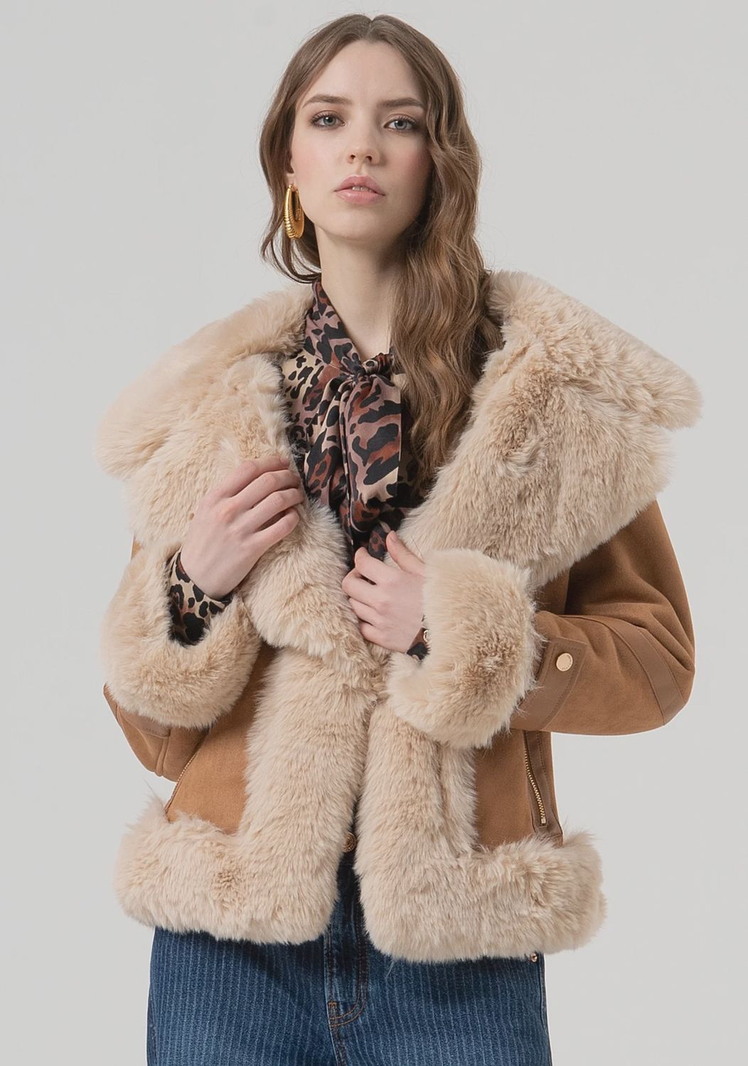 Biker jacket faux shearling in tan