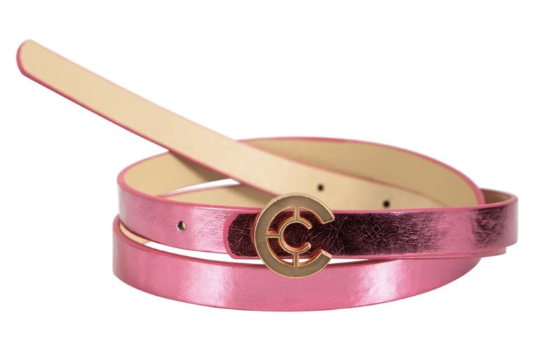 Hot pink metallic belt with rose gold logo