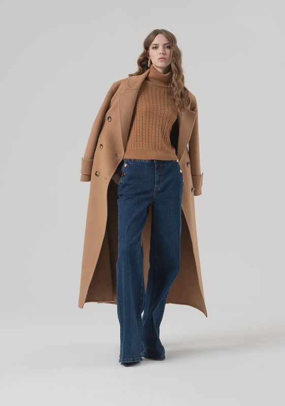 Cable pattern polo neck jumper camel