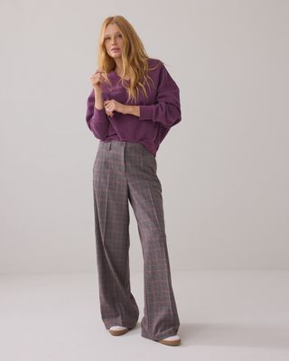 Checked wide leg trousers in purple grey and tan