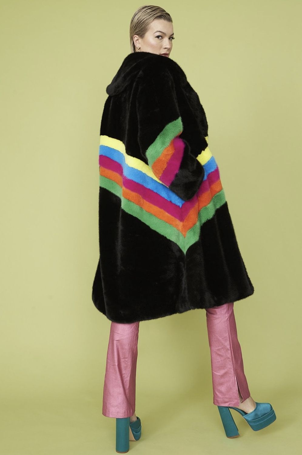 Eco faux fur coat in black with rainbow detail