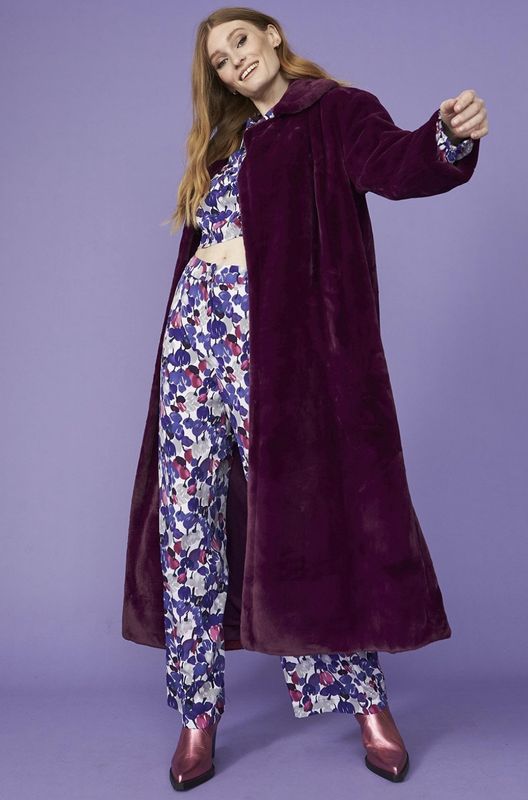 Maxi length oversized faux fur coat aubergine purple