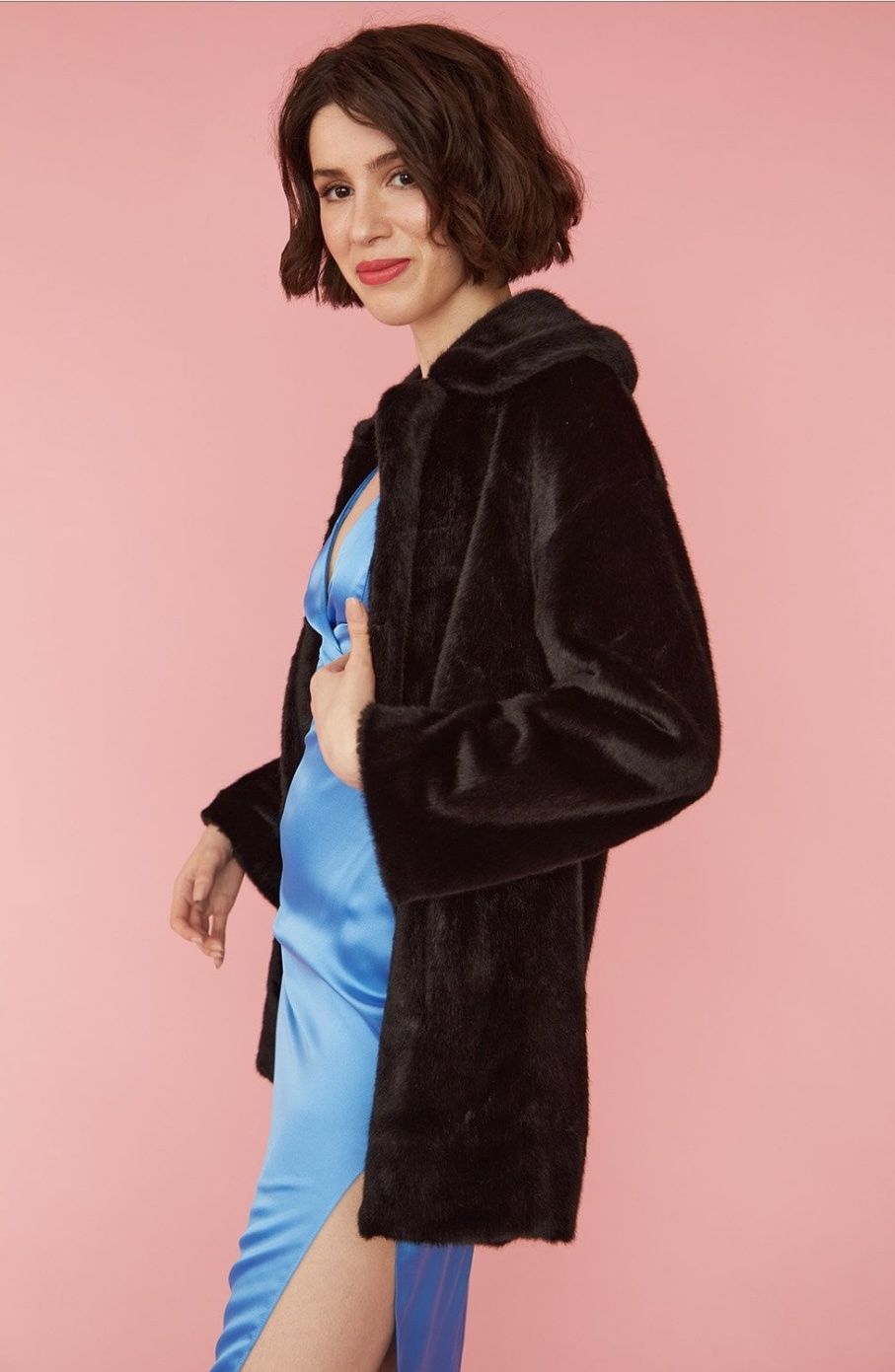 Black faux fur midi coat