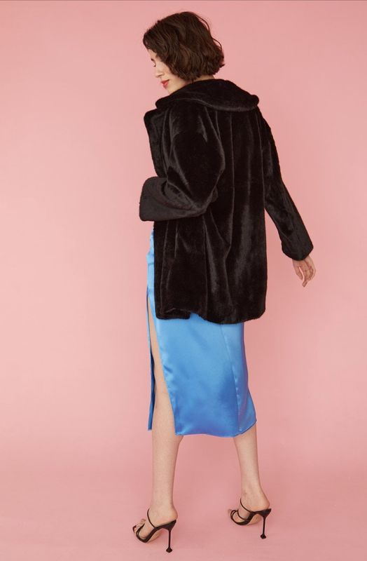 Black faux fur midi coat