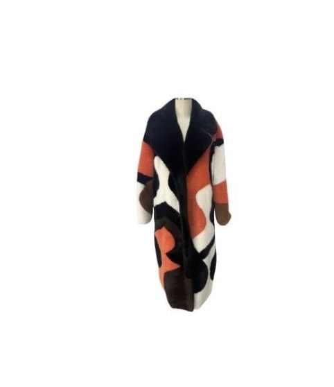 Lucky faux fur coat in black orange and cream
