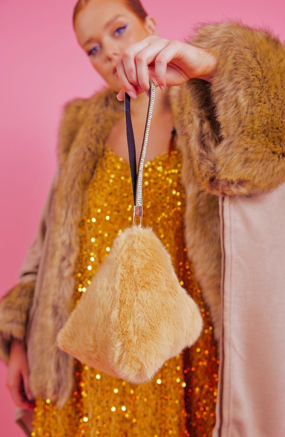 Faux fur pyramid bag mustard yellow