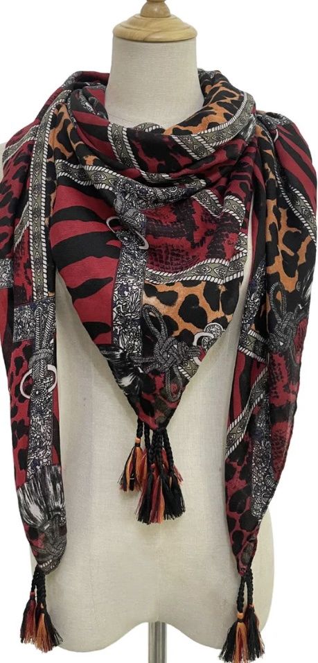 Animal print square tassel scarf red