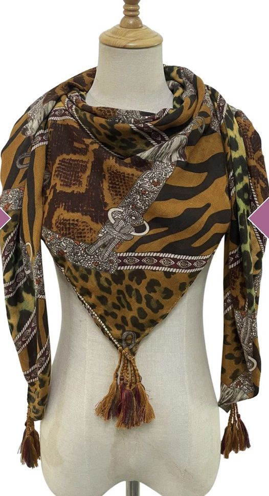 Animal print square tassel scarf camel