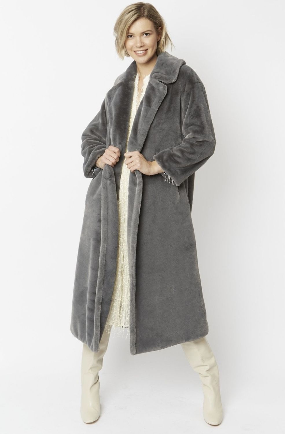 Grey faux fur maxi coat