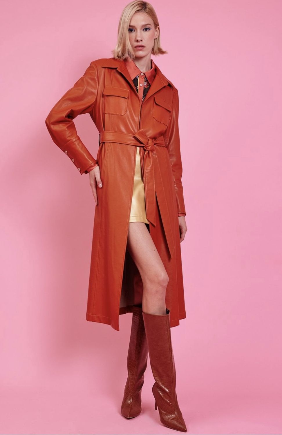 Retro Autumn red eco leather trench coat