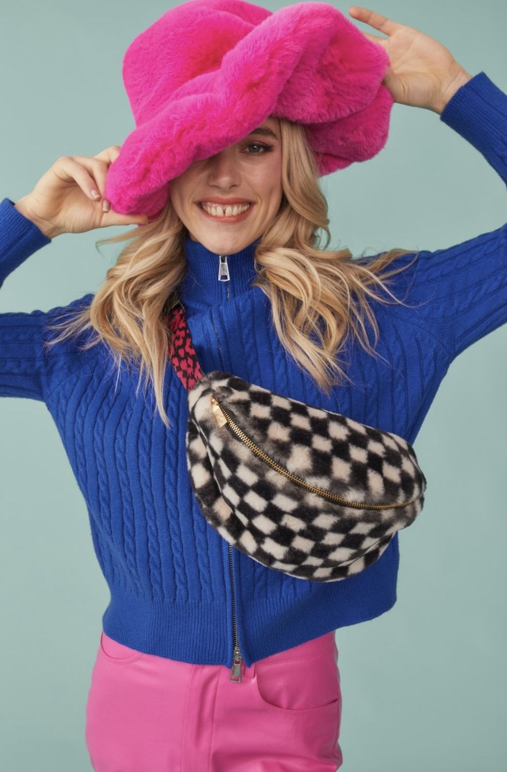 Faux fur check bumbag