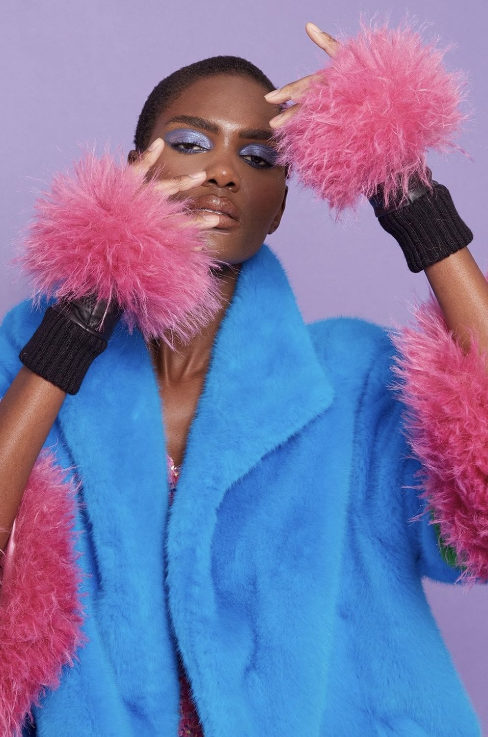Pink faux fur fingerless gloves