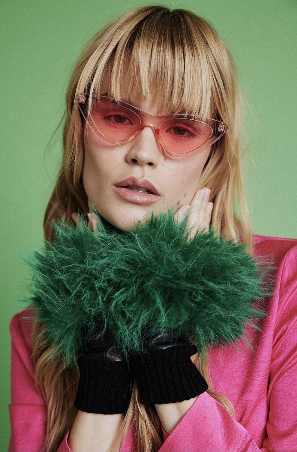 Green faux fur fingerless gloves
