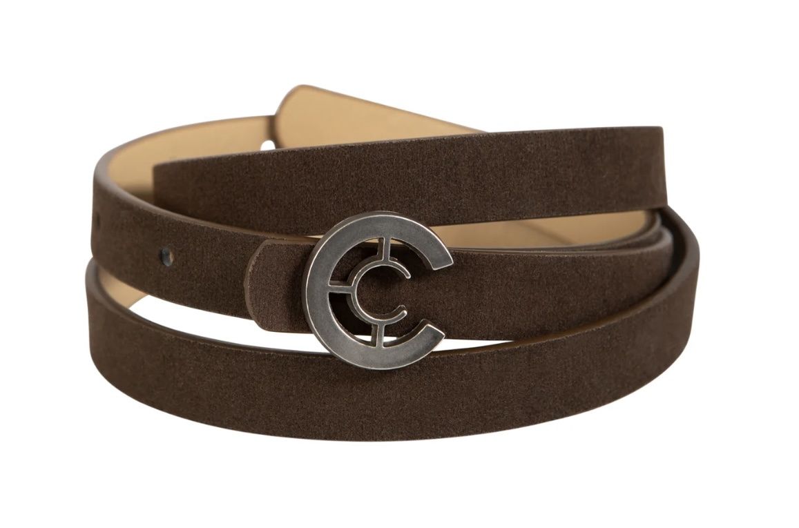 Brown faux suede belt with Matt silver logo