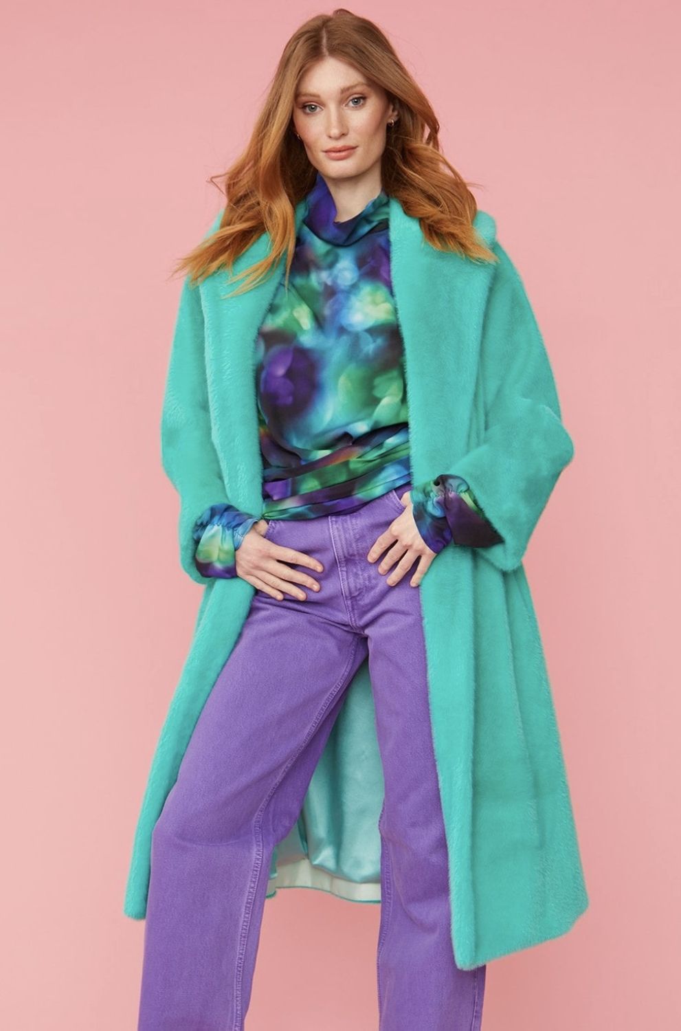 Teal Green midi faux fur coat