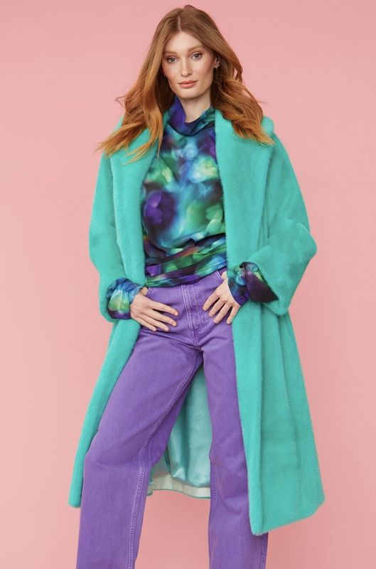 Teal Green midi faux fur coat