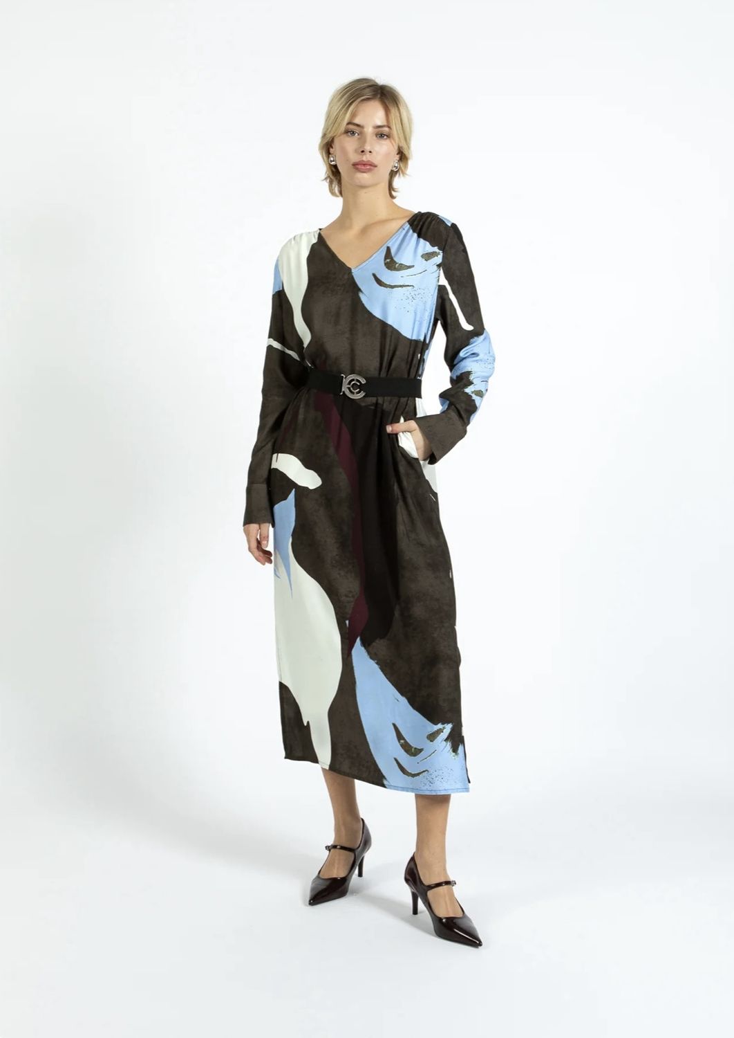Shadow graphic print dress blue and khaki