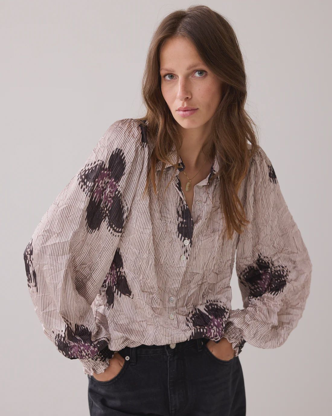 Striped blouse with flower pattern purple