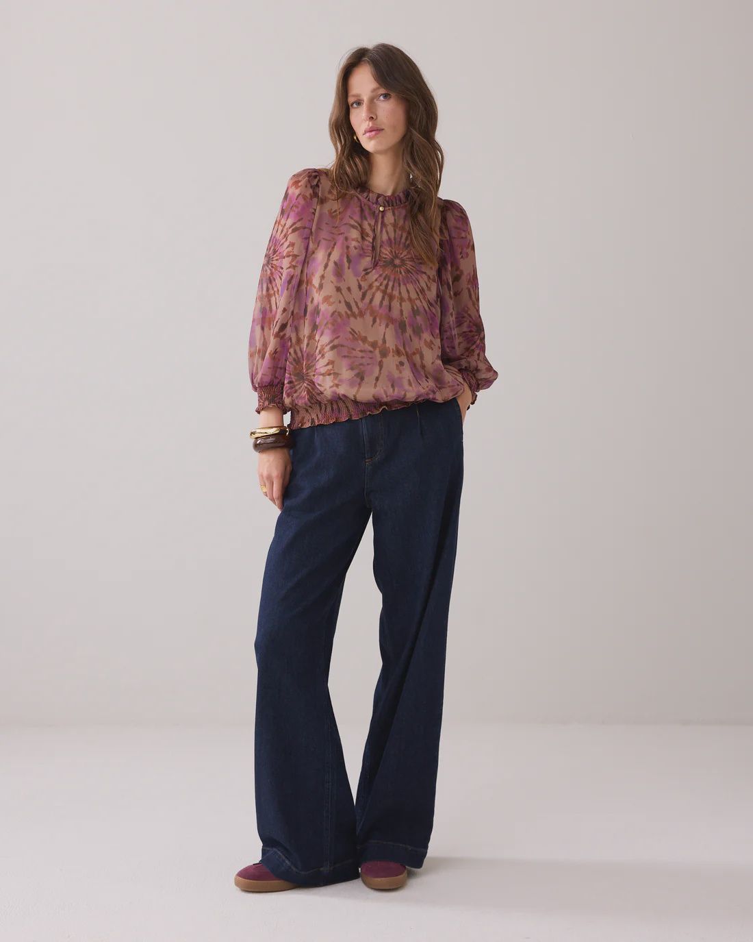 Tie dye blouse beige and aubergine purple
