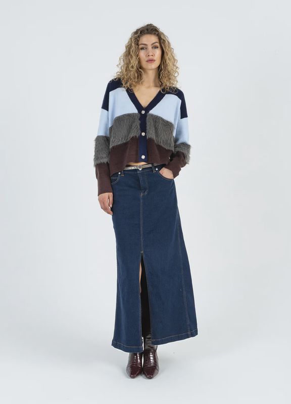 Colour block knitted cardigan with fluffy sleeves Navy