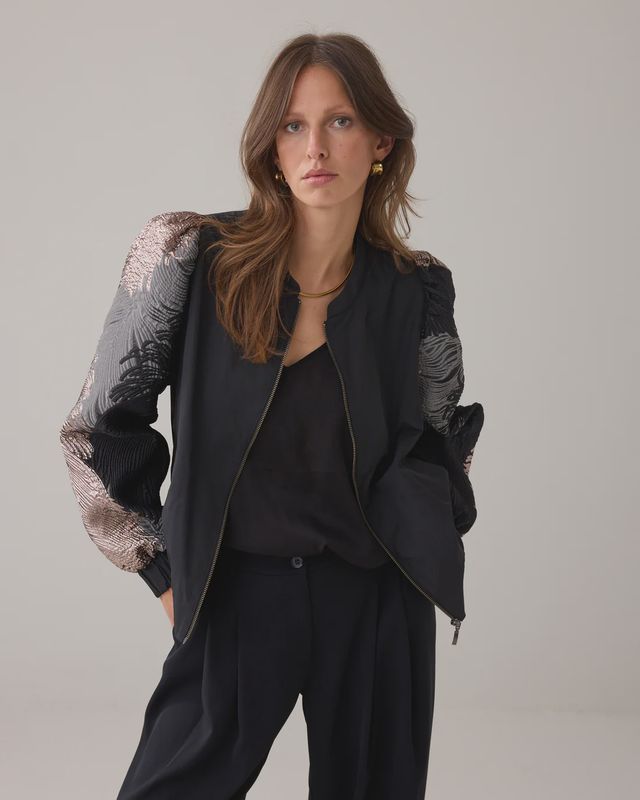 Jacquard sleeve bomber jacket black