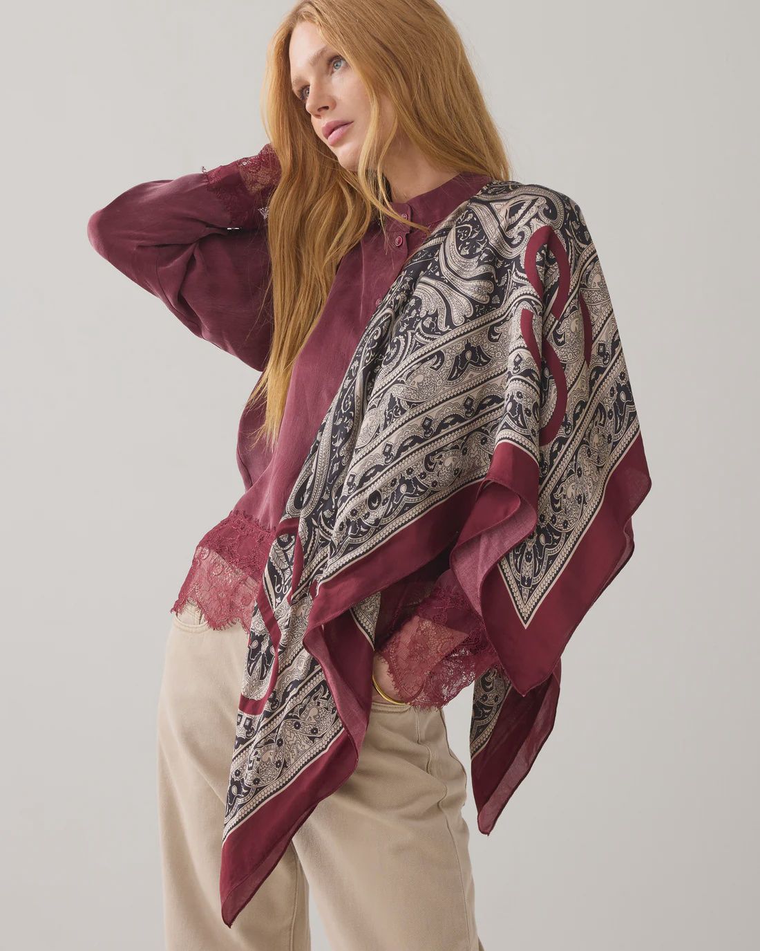 Paisley pattern satin scarf burgundy mix