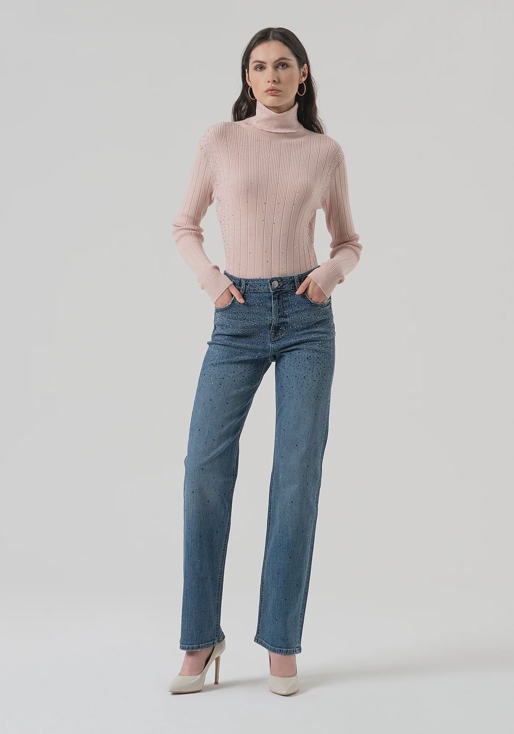 Wide leg jeans blue with rhinestone detail