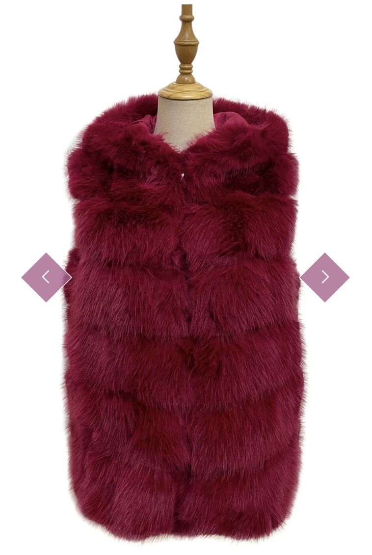 Faux fur striped hooded gilet Fuschia red