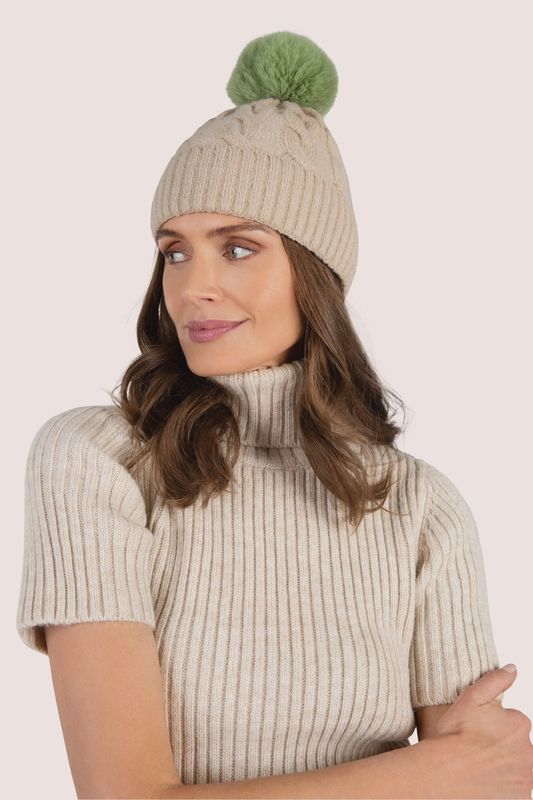 Elise hat cream with sage green pompom