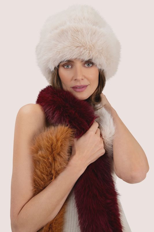 Elsa faux fur scarf in burgundy brown and cream