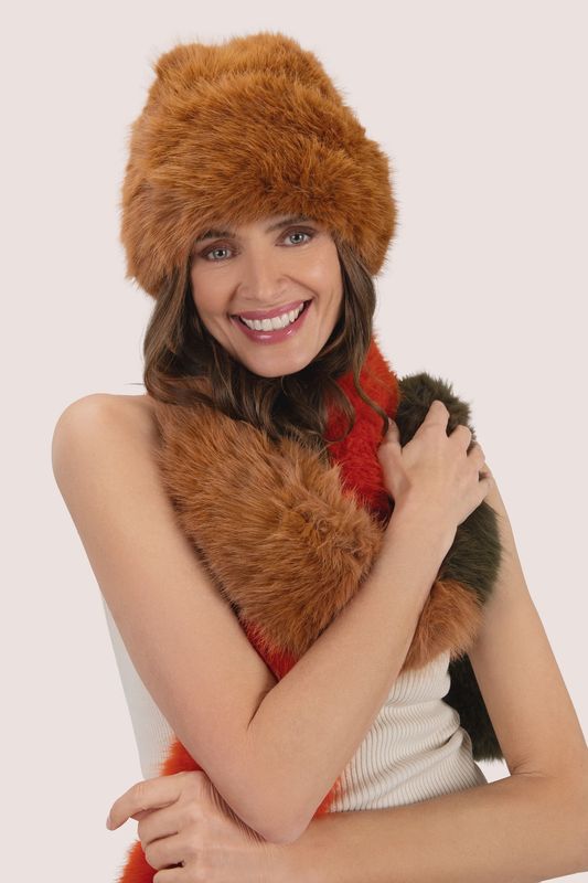 Elsa faux fur scarf khaki, rust brown and burnt orange