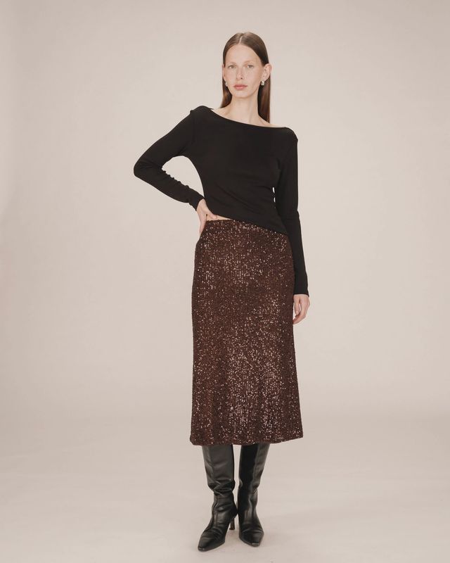Tailana long sequin skirt chocolate brown
