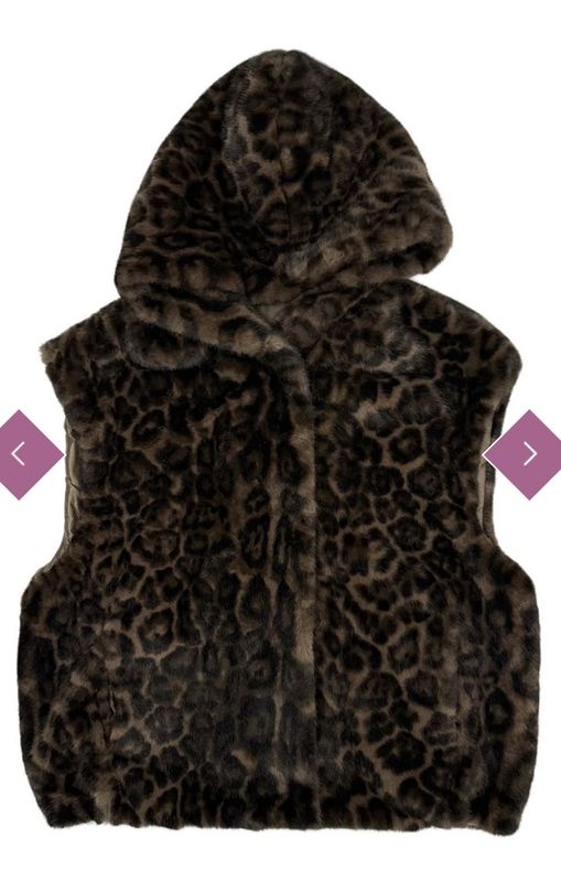 Luxury faux fur leopard print  hooded gilet brown