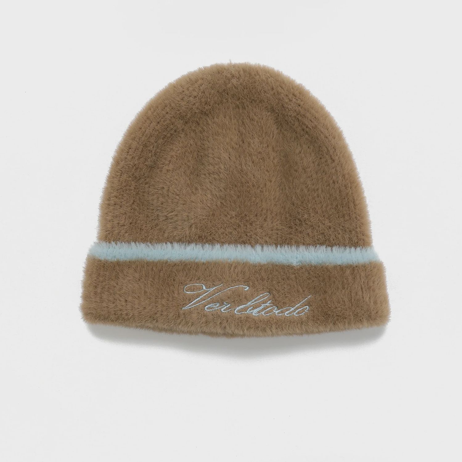Beige and pale blue beanie hat