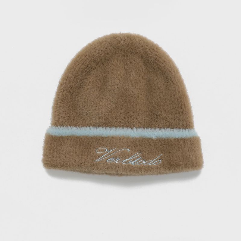 Beige and pale blue beanie hat
