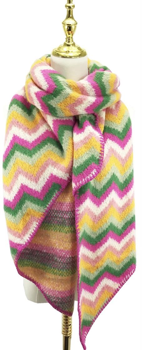 Chevron print knitted scarf green orange fuchsia