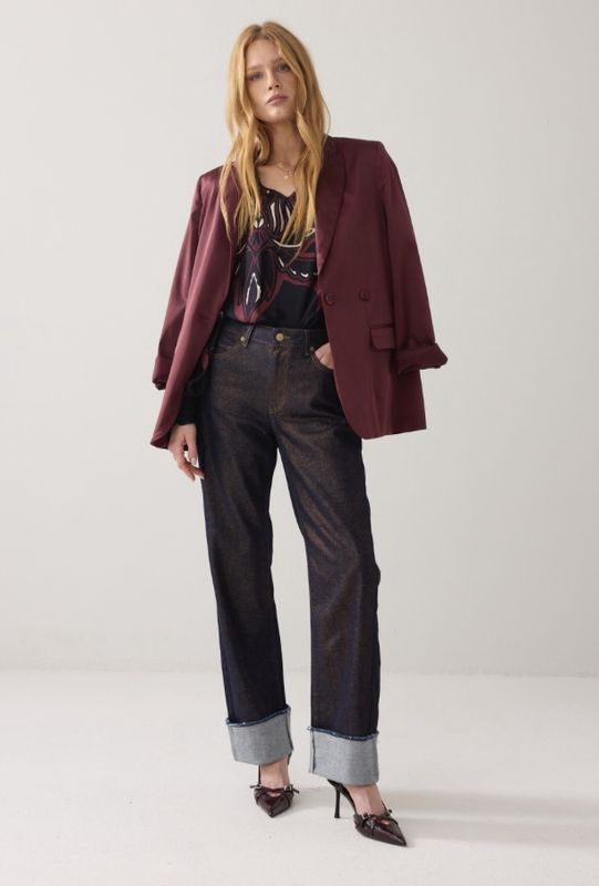 Blue denim straight leg jeans with gold thread