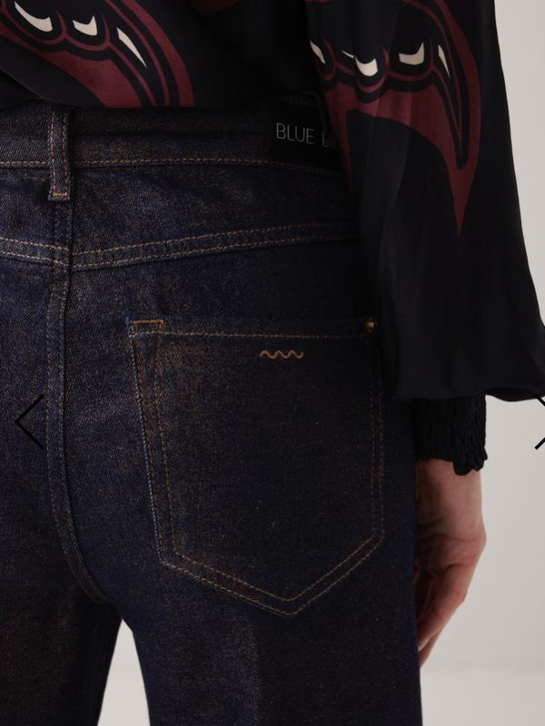 Blue denim straight leg jeans with gold thread