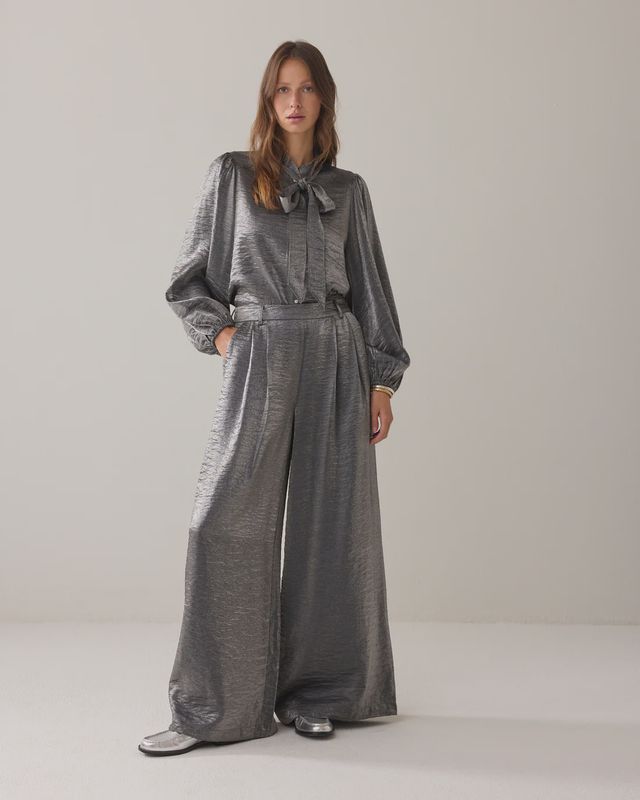 Wide leg metallic silver trousers