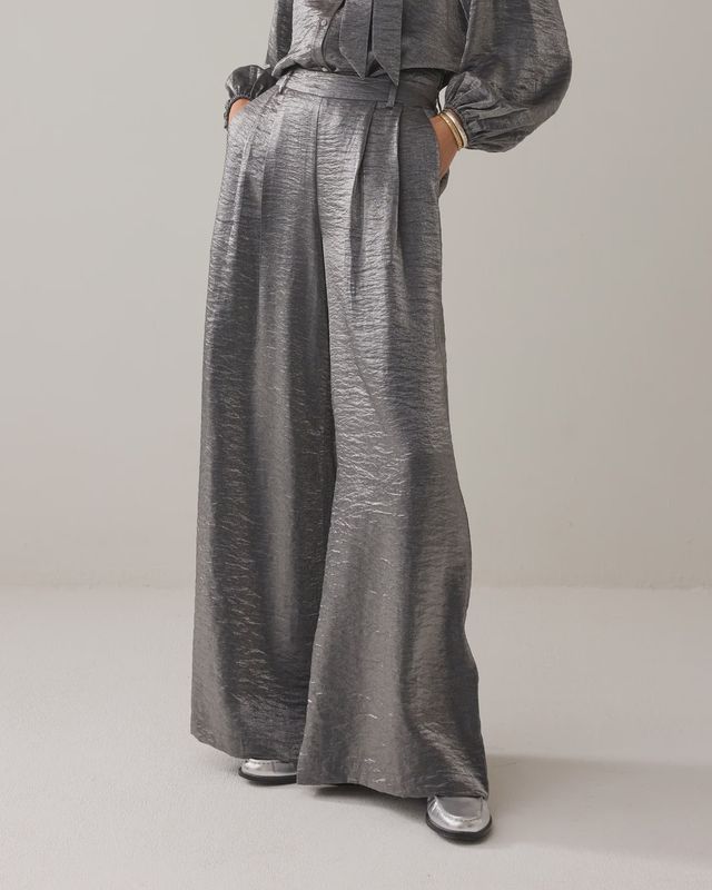 Wide leg metallic silver trousers