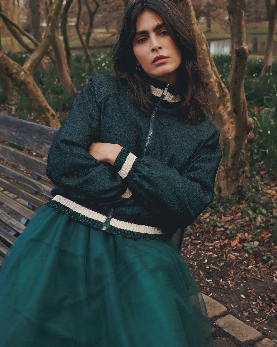 Glitter jacquard bomber jacket emerald green