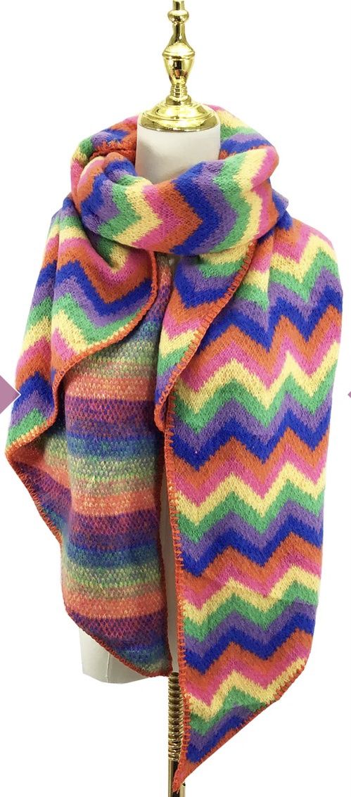 Chevron printed wool scarf orange green purple