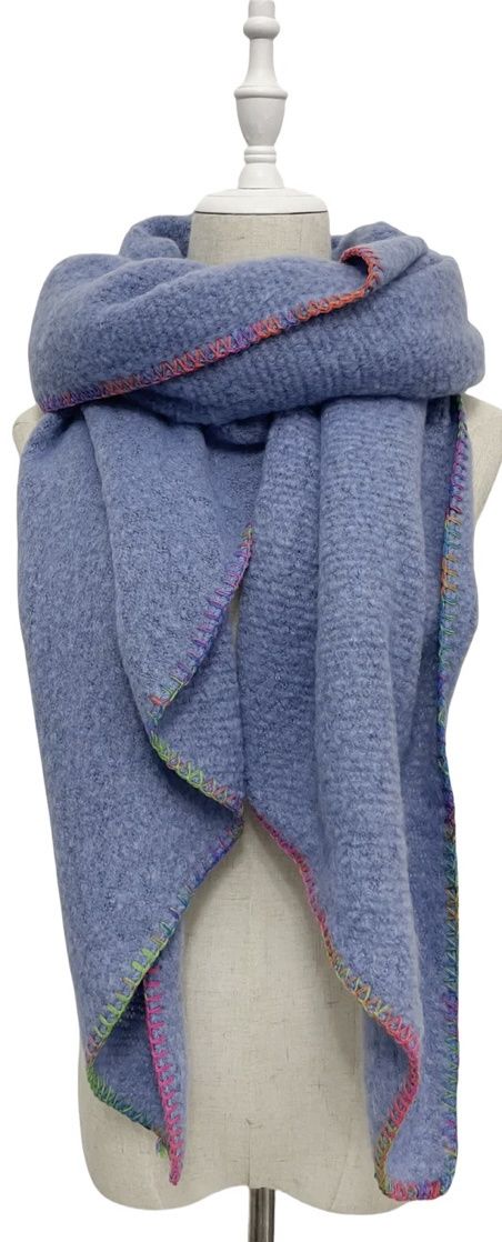Plain contrast stitch wool scarf blue