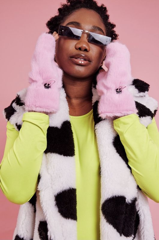 Faux fur fingerless mitten gloves pink