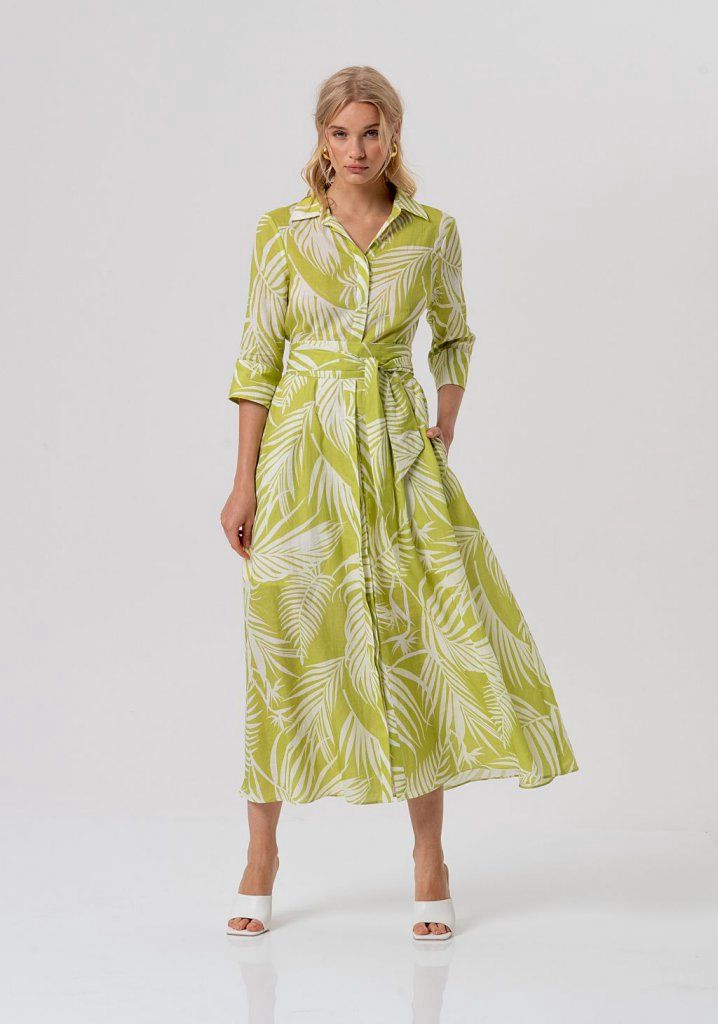 Printed long dress olive green and cream