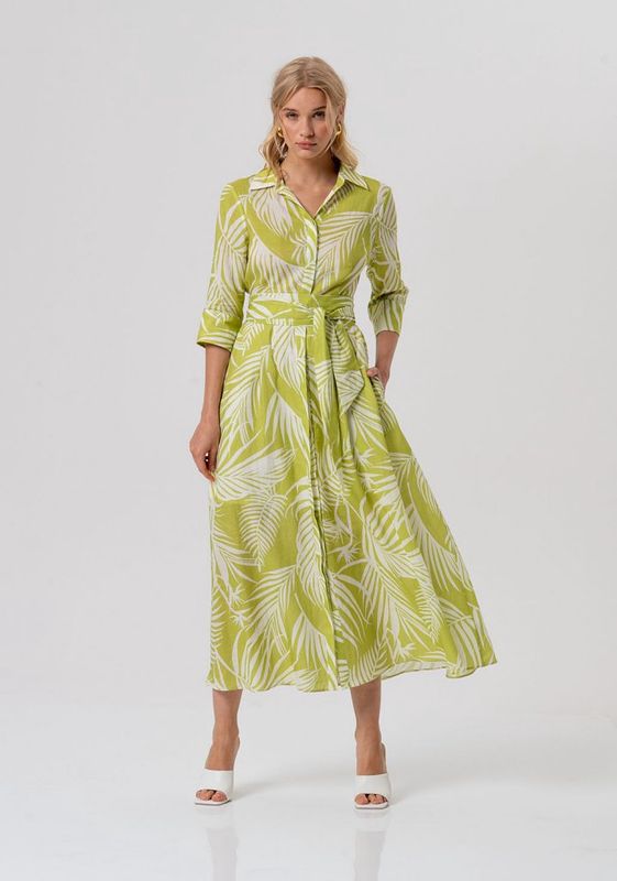Printed long dress olive green and cream