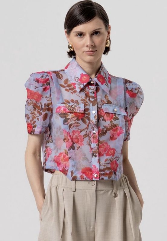 Printed blouse pale blue and red