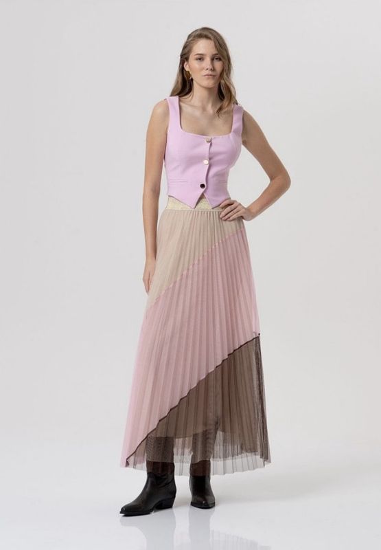 Pleated tulle maxi skirt pink brown beige