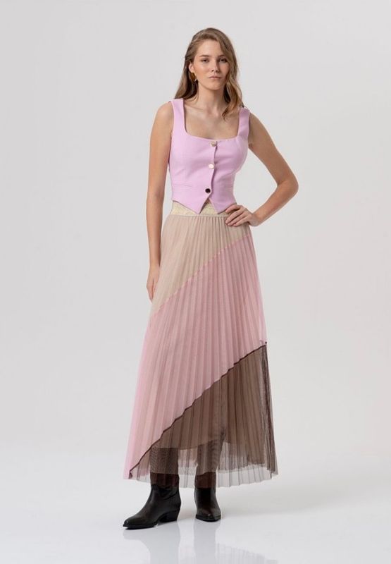 Pleated tulle maxi skirt pink brown beige