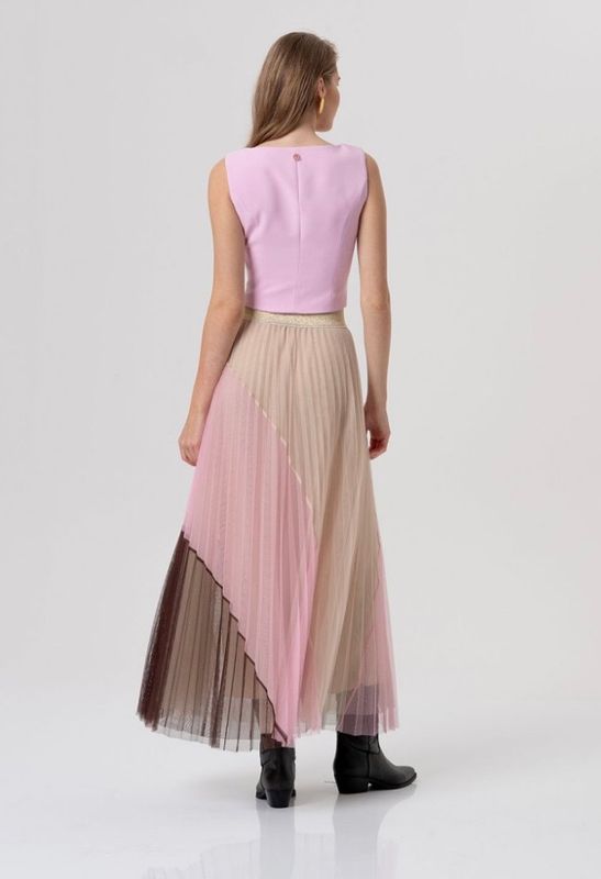 Pleated tulle maxi skirt pink brown beige